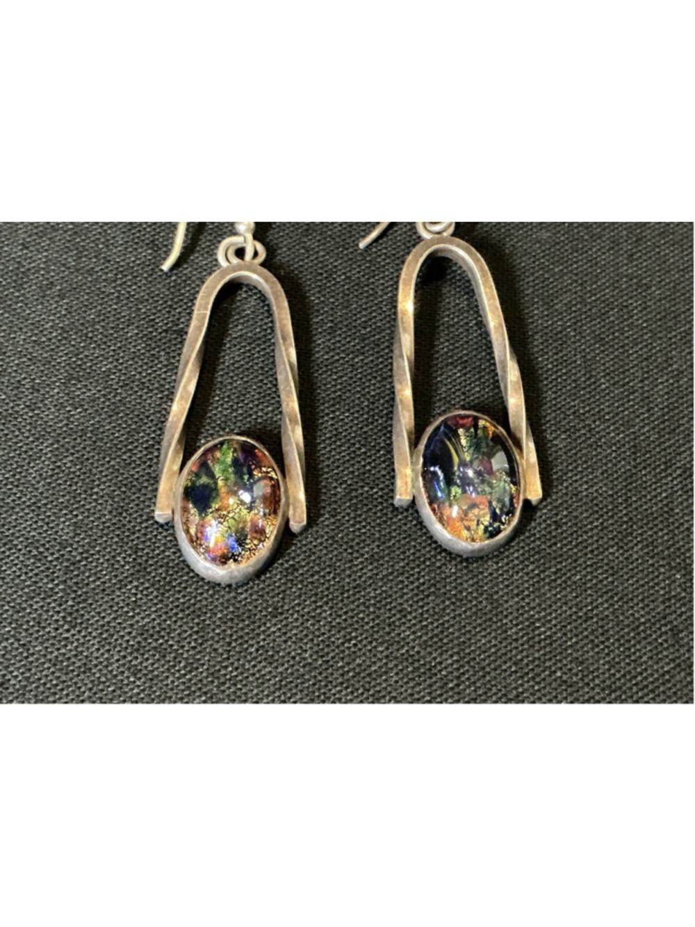 Vintage 925 Sterling Silver Twisted U Shape Dichroic Glass Oval Dangle Earrings